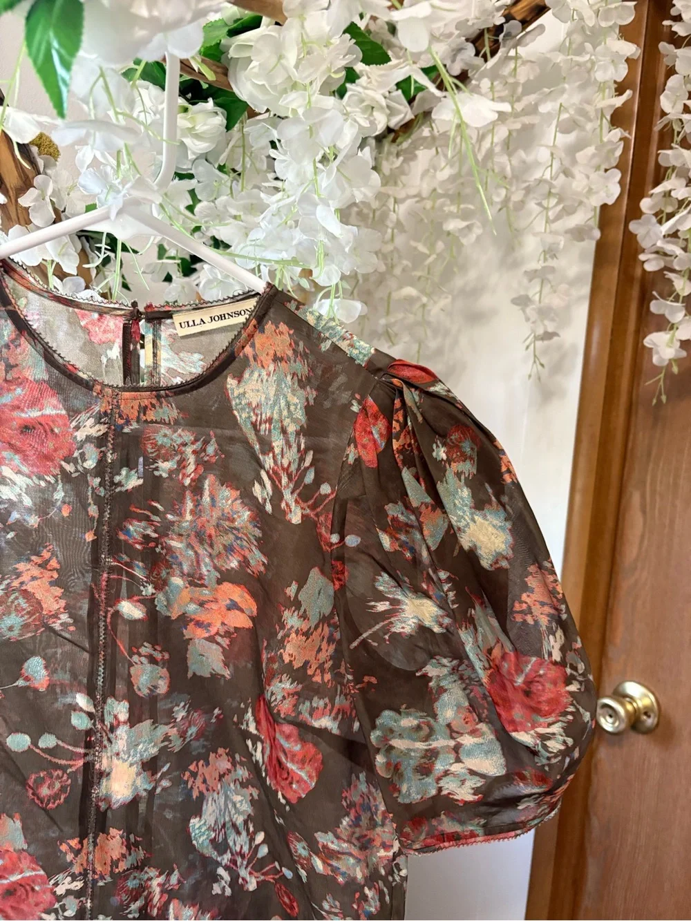 Ulla Johnson Lise Brown Floral Puff-Sleeve Blouse in Fern